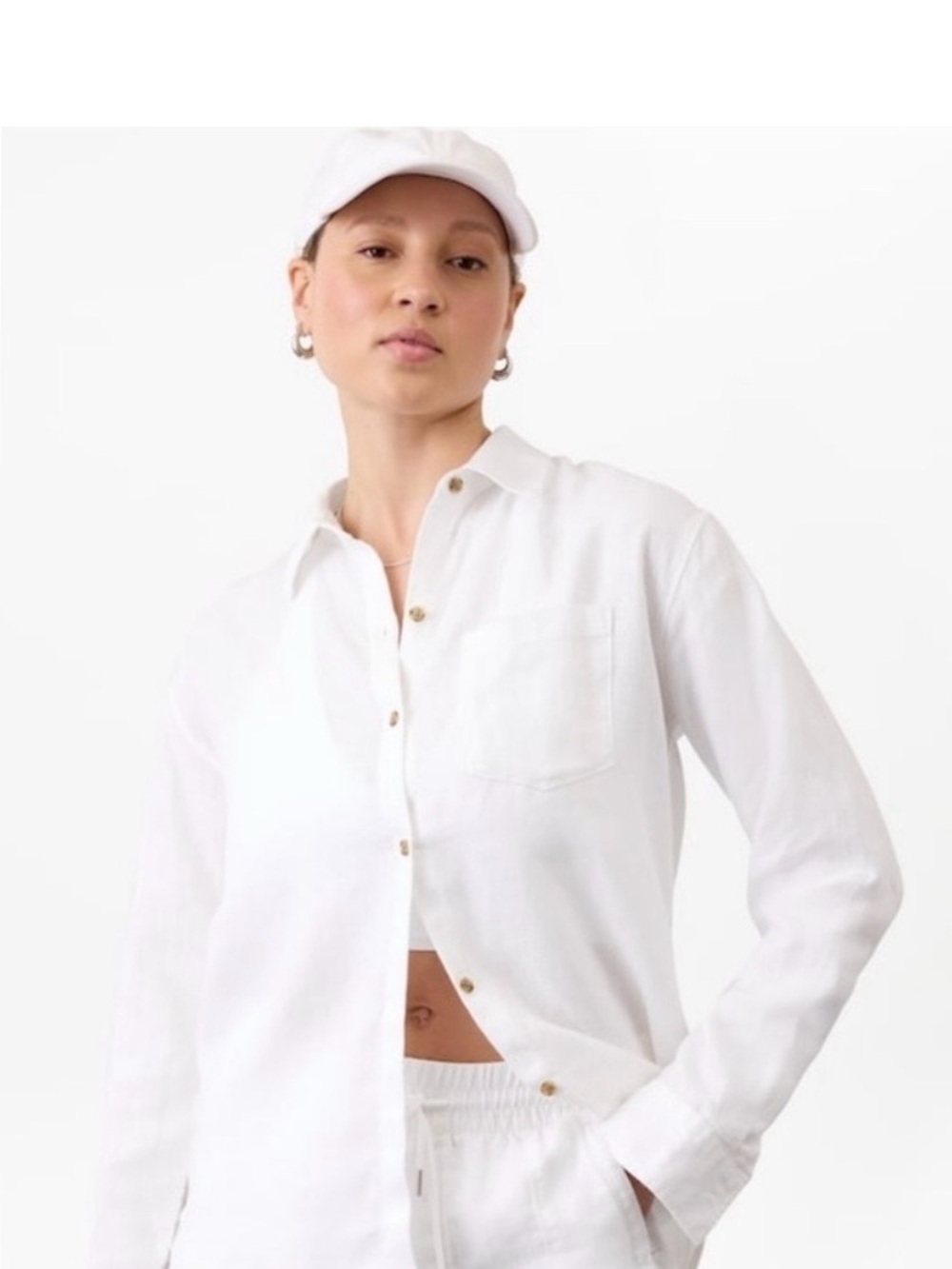 Athleta Retreat Linen Top Calla Lily White Button Down Shirt Size Medium